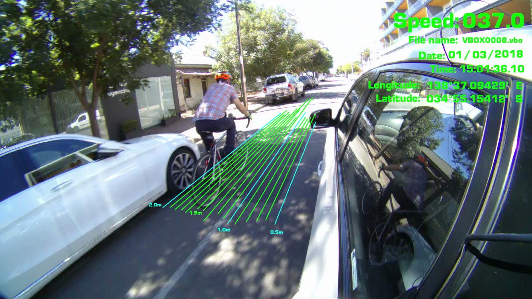 Image of a bicycle being passed by a instrumented vehicle with details of distance to bicycle